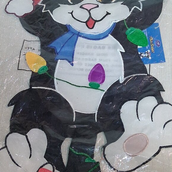 Vintage 2000 NEW tuxedo kitty cat Christmas lights hanging yard window flag - Picture 2 of 4